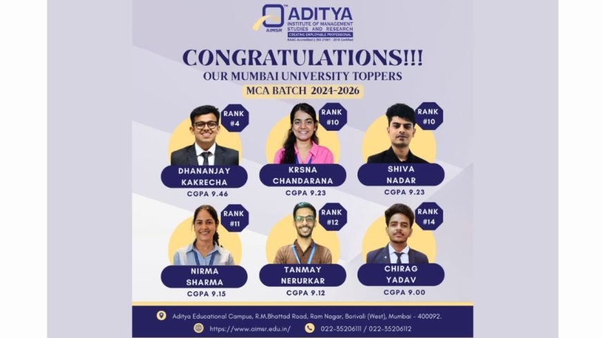 Aditya Institute of Management Studies and Research (AIMSR) Celebrates MCA Student Success with Top University Rankings